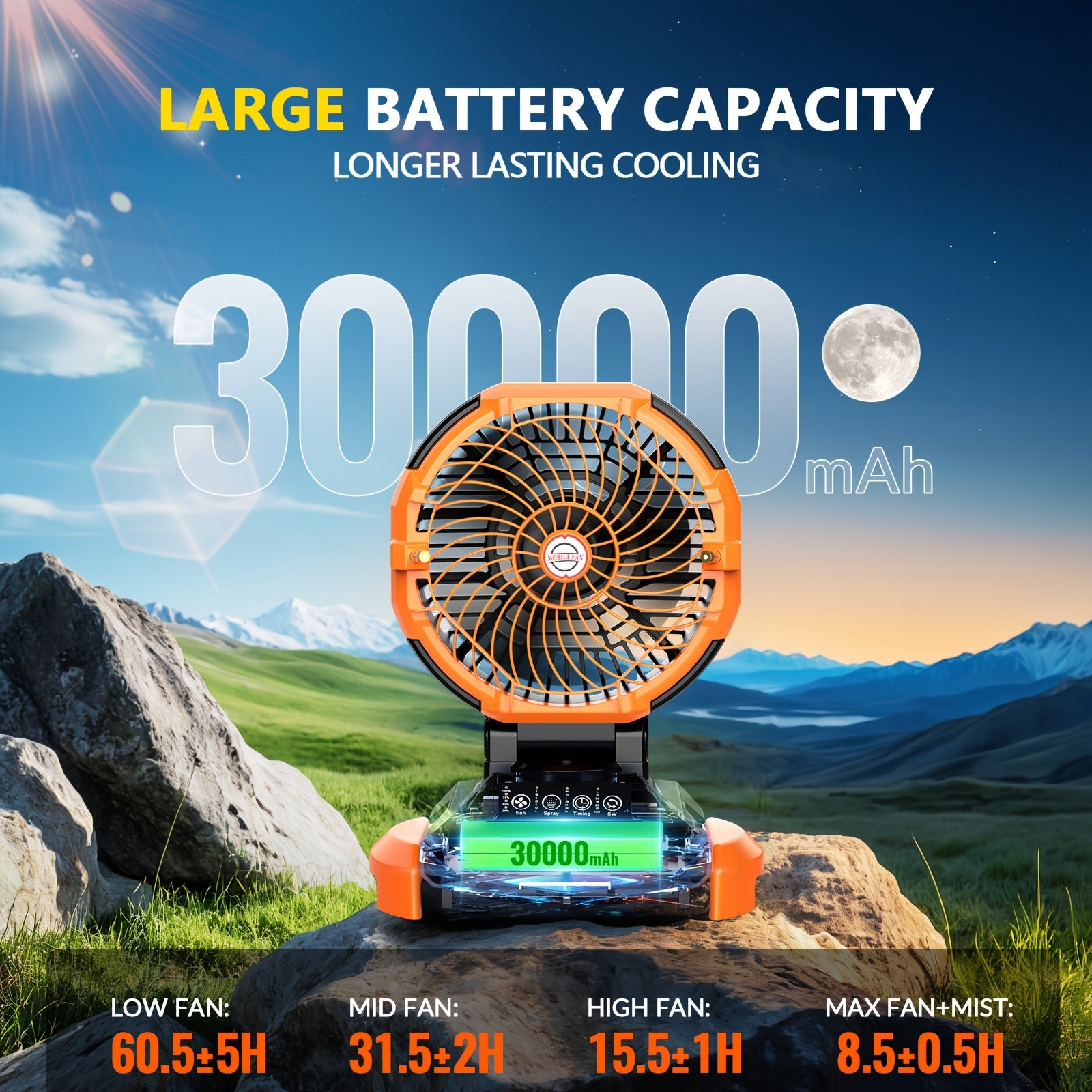 Portable fan with 30000mAh battery capacity on a mountain background