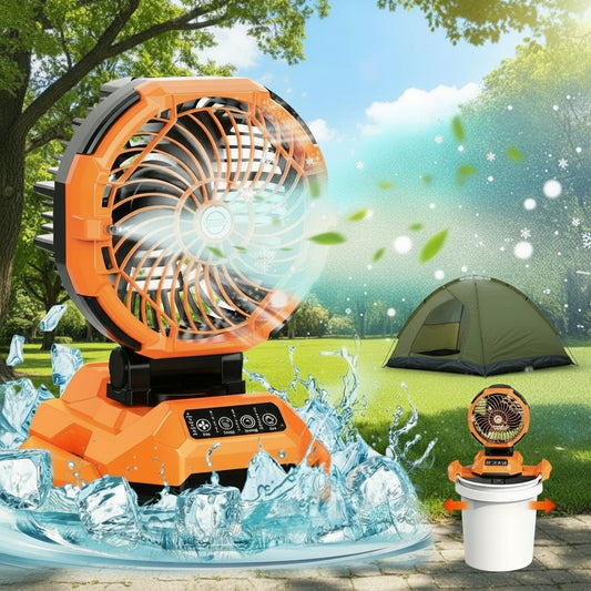 Orange and black portable fan with water splashes and ice cubes on a white background