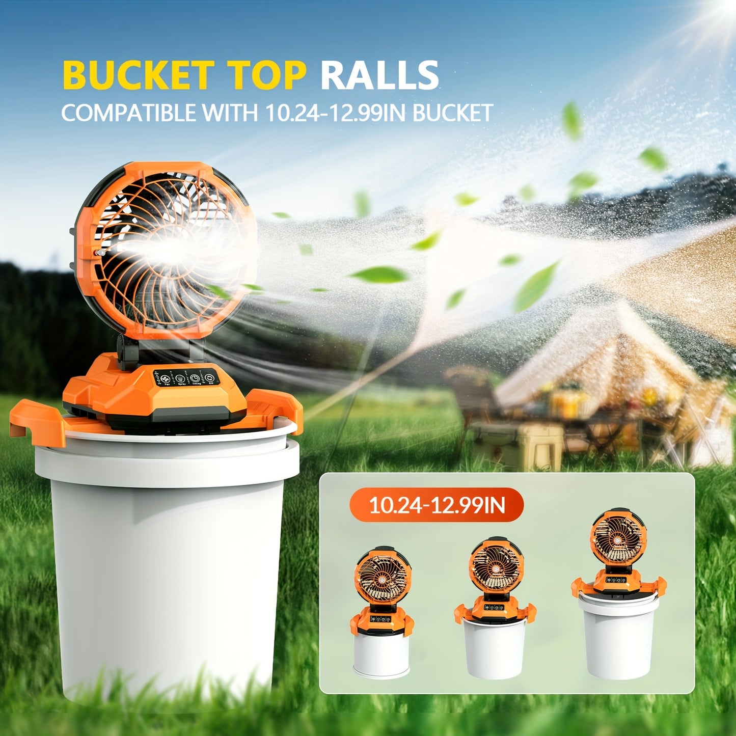 Portable fan on a bucket with grass and outdoor setting, featuring text about compatibility with bucket top rails.