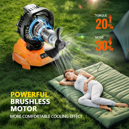 Portable cooling device with a woman lying on a mat outdoors, featuring text about motor power and noise reduction.
