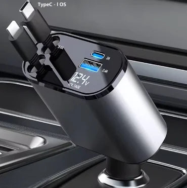 Car charger with multiple ports and a digital display on a car dashboard. australia