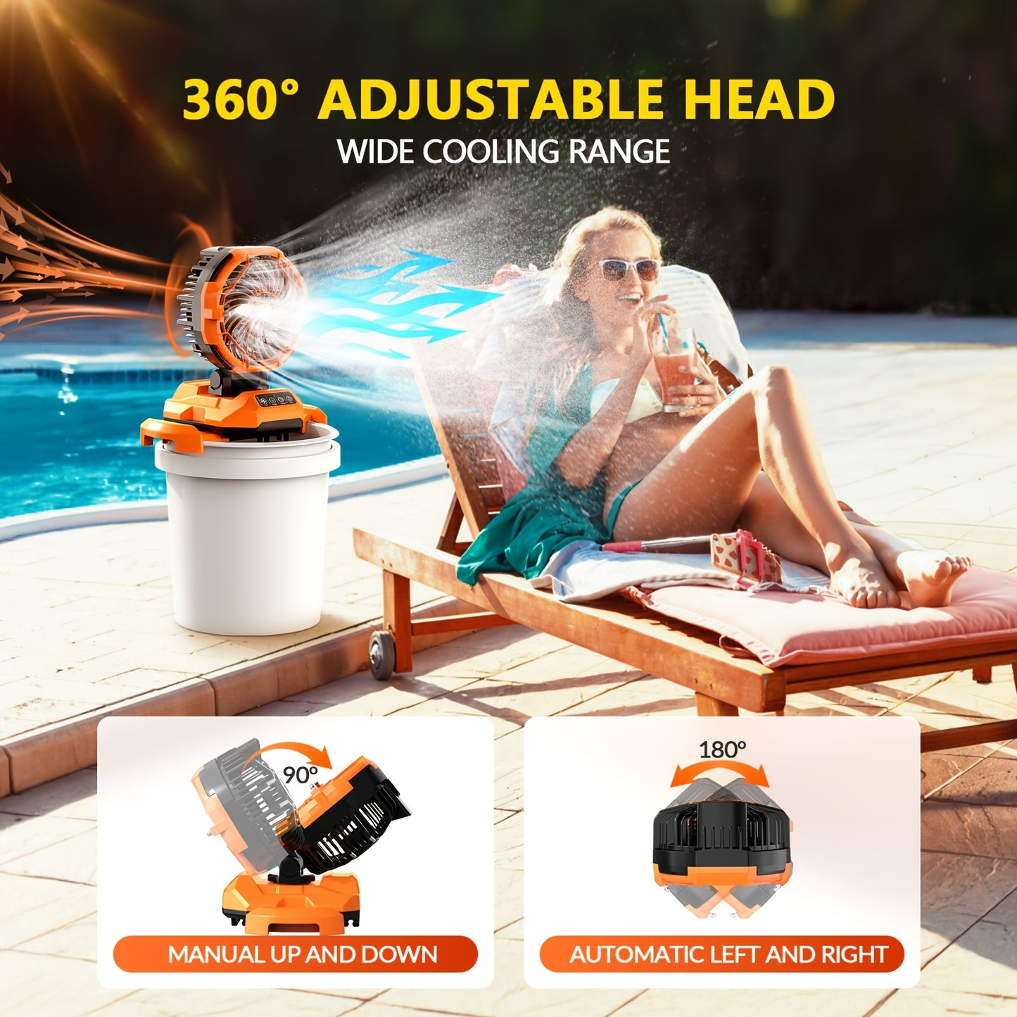 Person relaxing by a pool with a 360-degree adjustable head cooling device.
