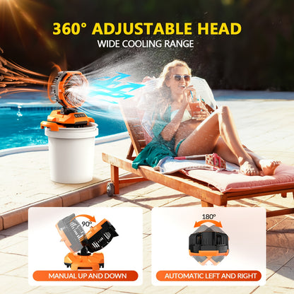 Person relaxing by a pool with a 360-degree adjustable head cooling device.