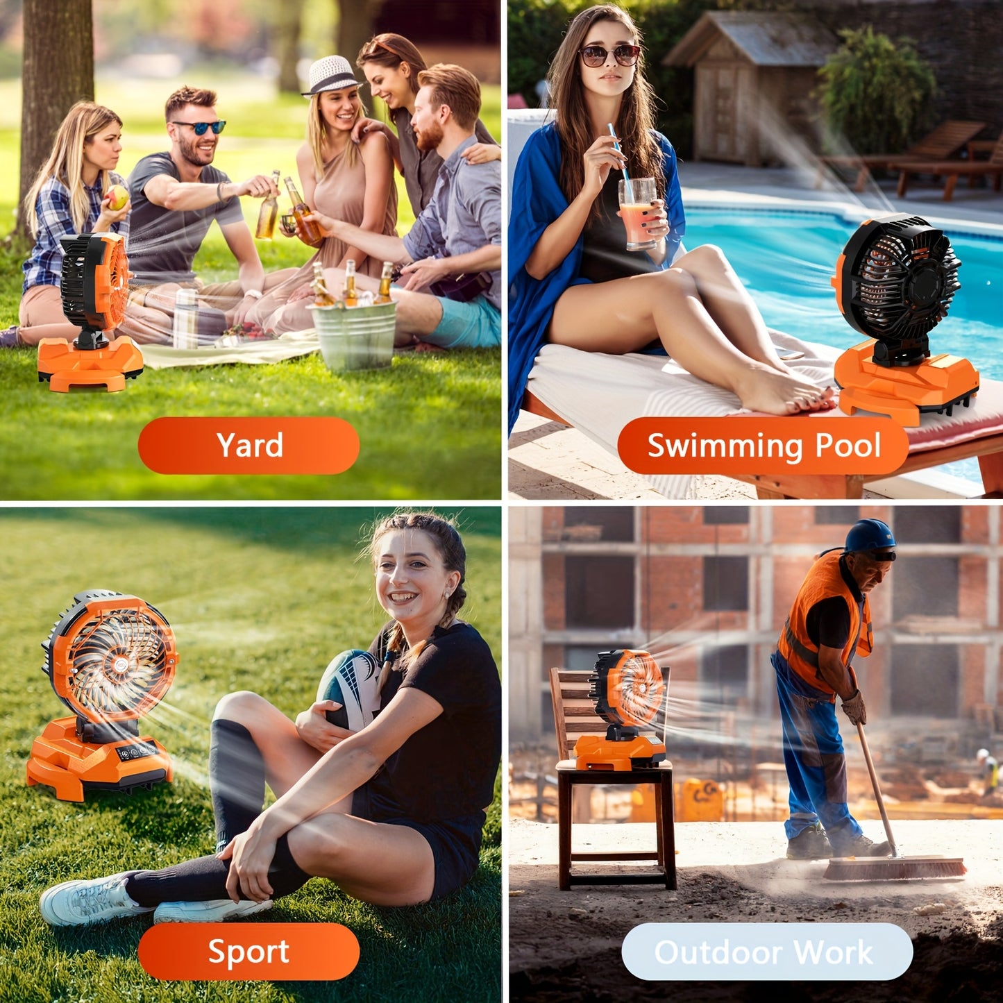 Collage of a portable fan in various settings including yard, swimming pool, sports, and outdoor work.