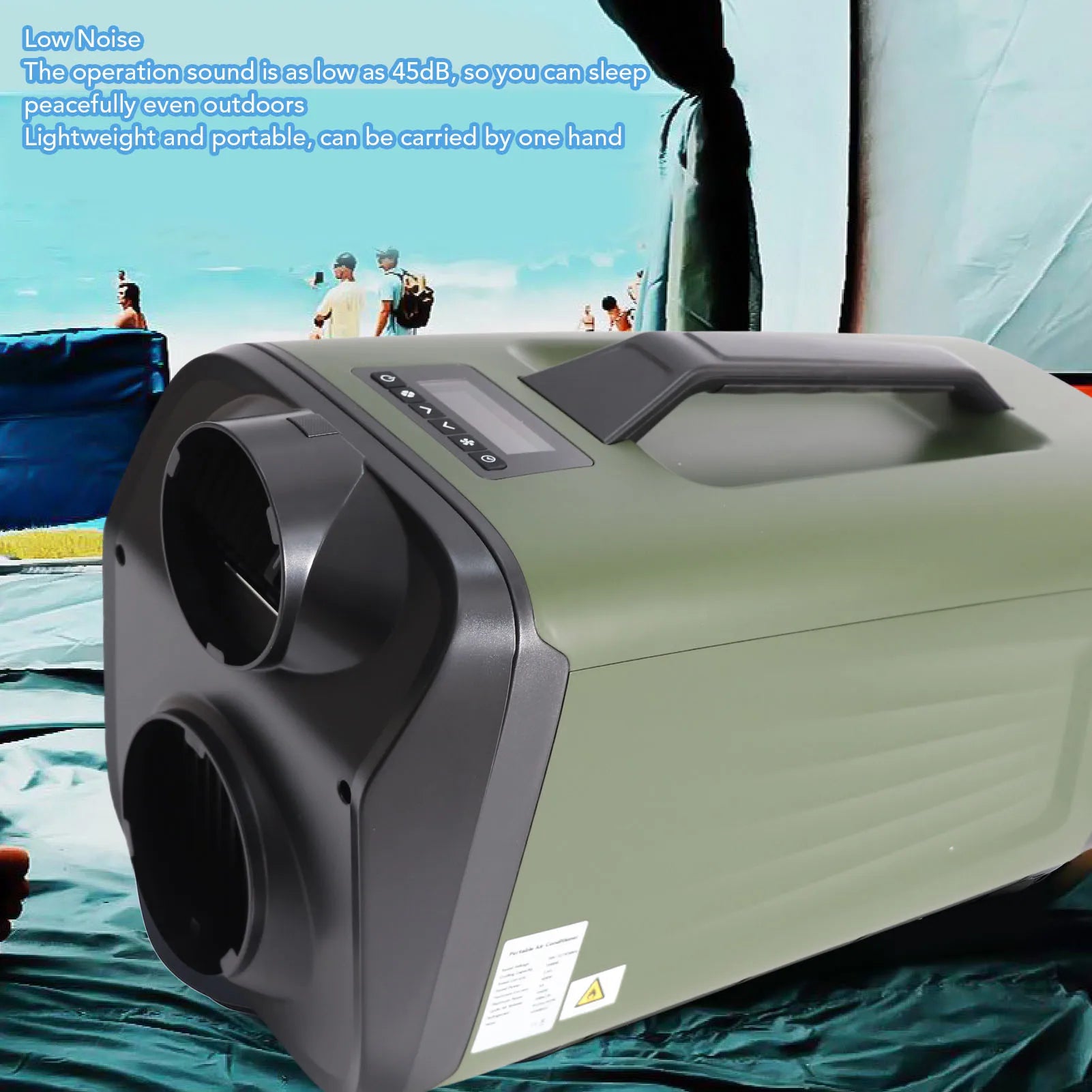 Portable air conditioning unit on a beach with people in the background