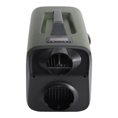 Green and black electronic device on a white background