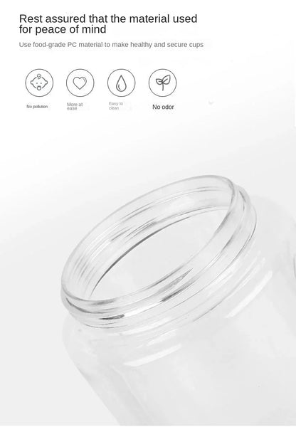 Clear plastic cup with text about material safety on a white background