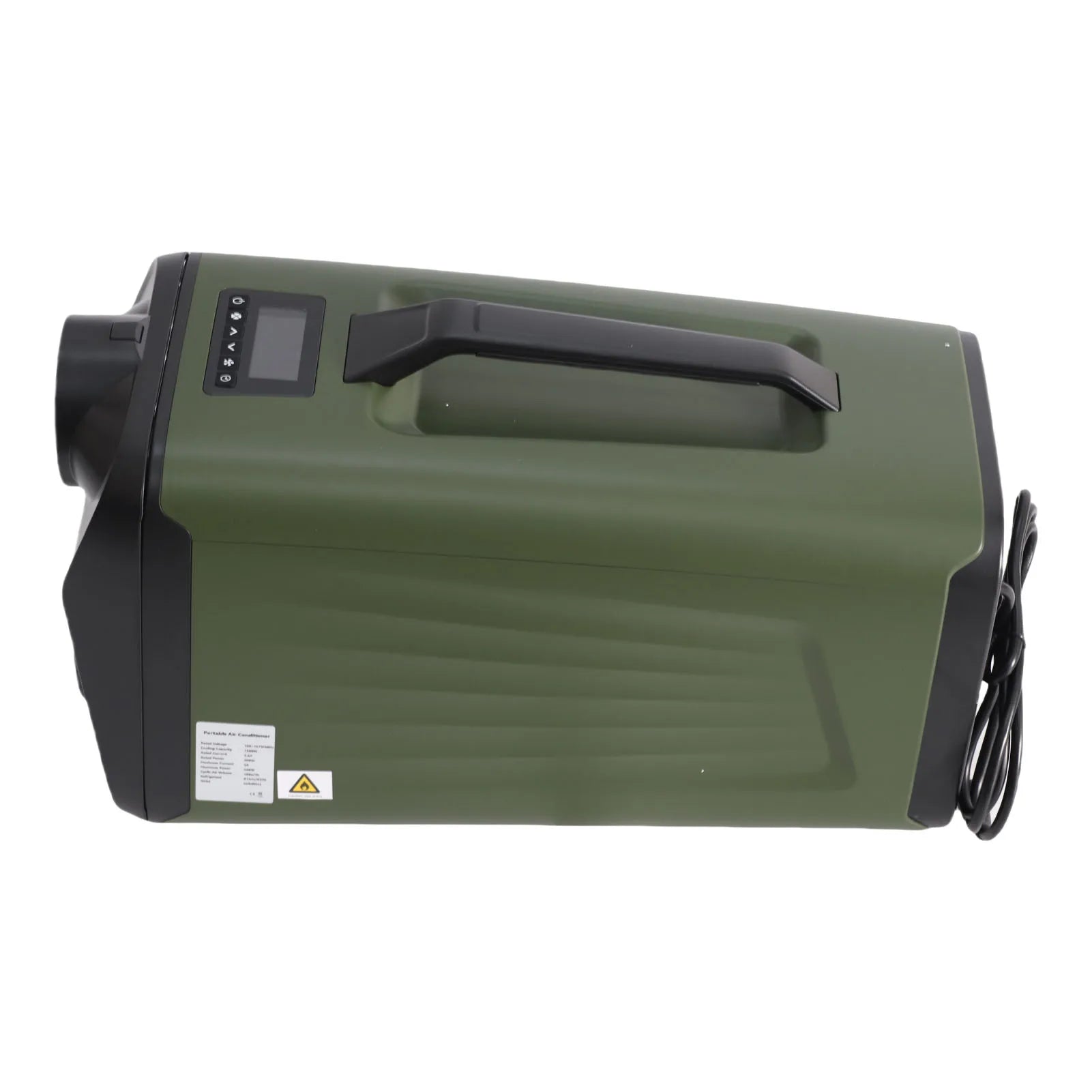 Green portable heater with black handle on a white background