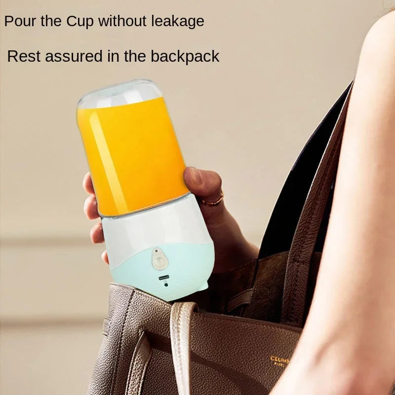 Orange and white portable cup with text about leakage prevention and backpack use.