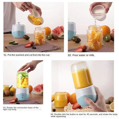 Step-by-step guide on using a portable juicer with fruits and liquids.