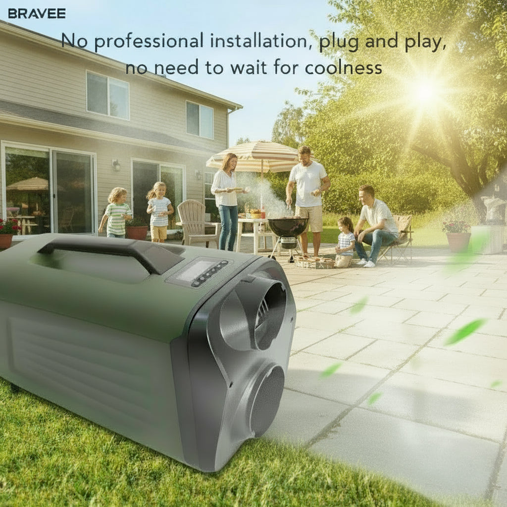 Portable air conditioner on grass with text 'No professional installation, plug and play, no need to wait for coolness'.