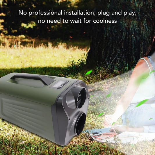 Portable air conditioner on grass with text 'No professional installation, plug and play, no need to wait for coolness'.
