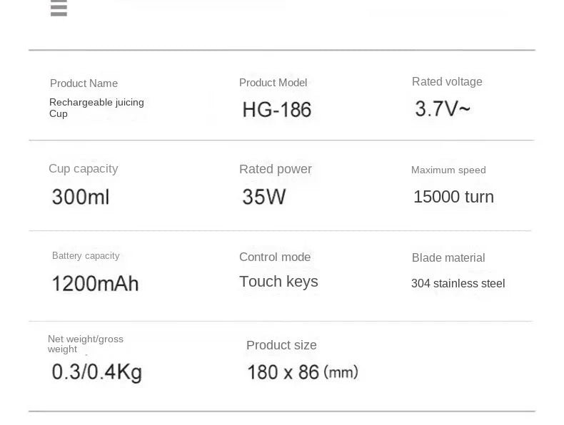 Technical specifications of a rechargeable juicing cup on a white background