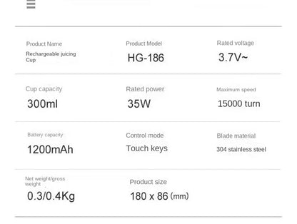 Technical specifications of a rechargeable juicing cup on a white background