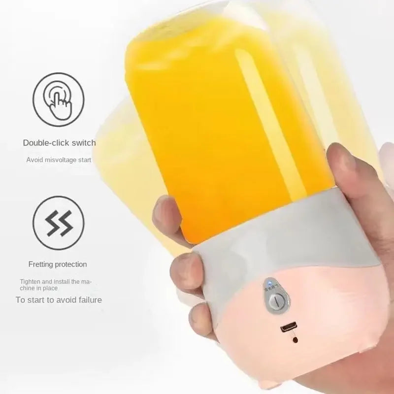 Hand holding a small appliance with a yellow component, featuring text and icons on a white background.