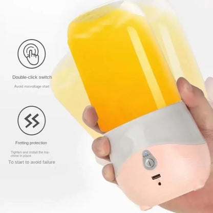 Hand holding a small appliance with a yellow component, featuring text and icons on a white background.