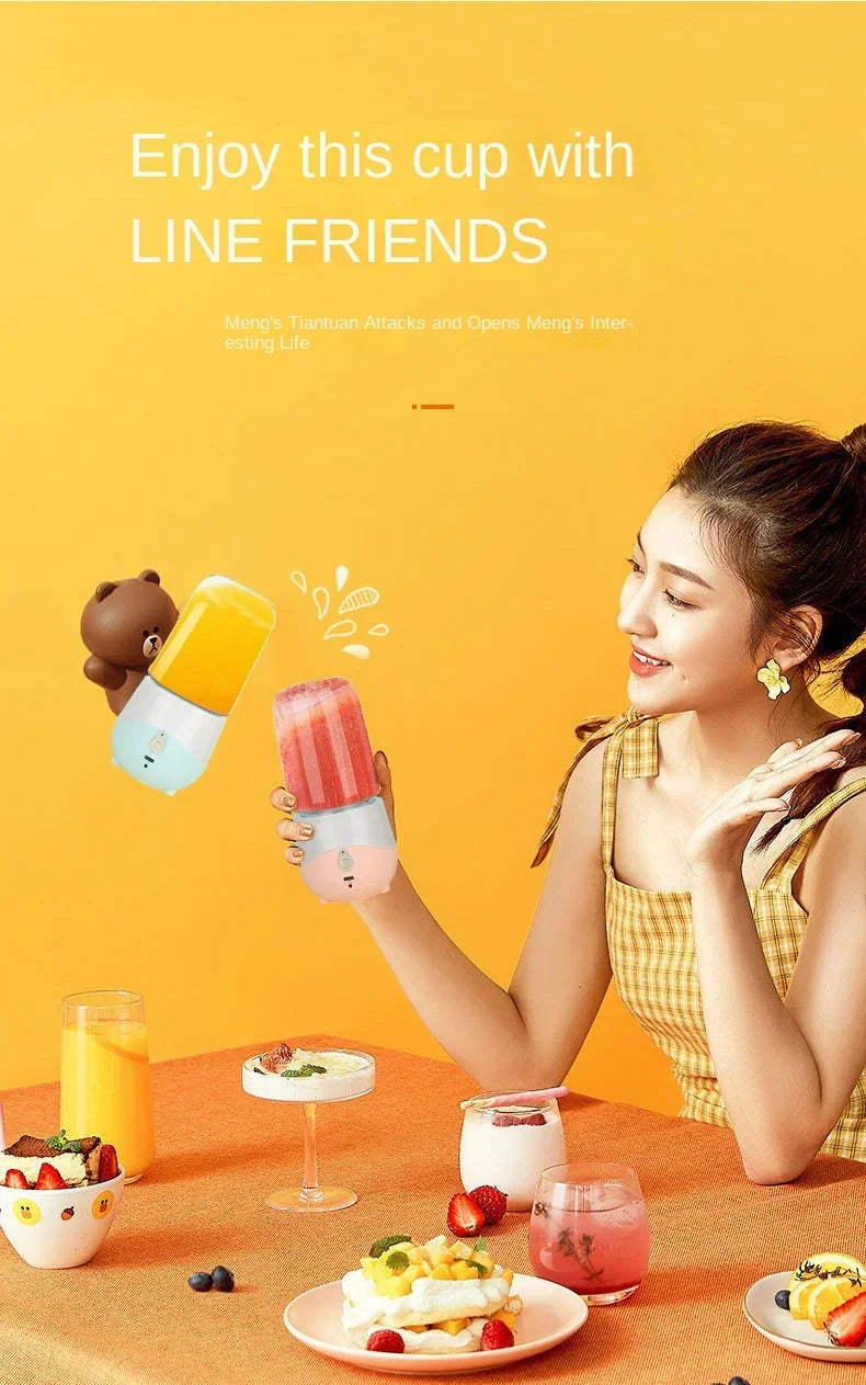 Woman holding a pink smoothie cup with a cartoon character on a yellow background, featuring LINE FRIENDS branding.