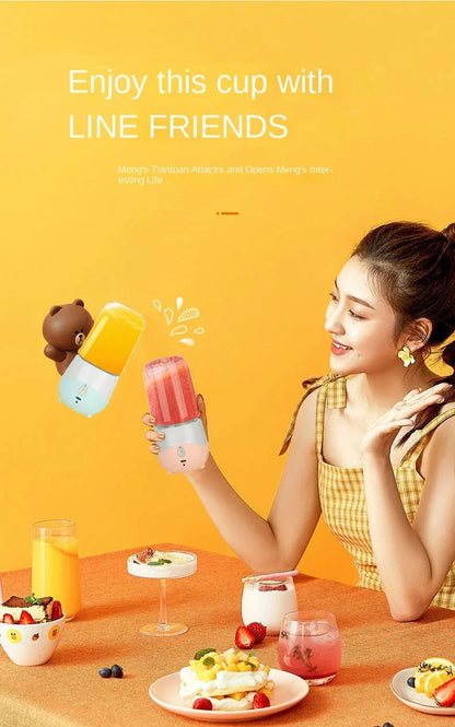 Woman holding a pink smoothie cup with a cartoon character on a yellow background, featuring LINE FRIENDS branding.