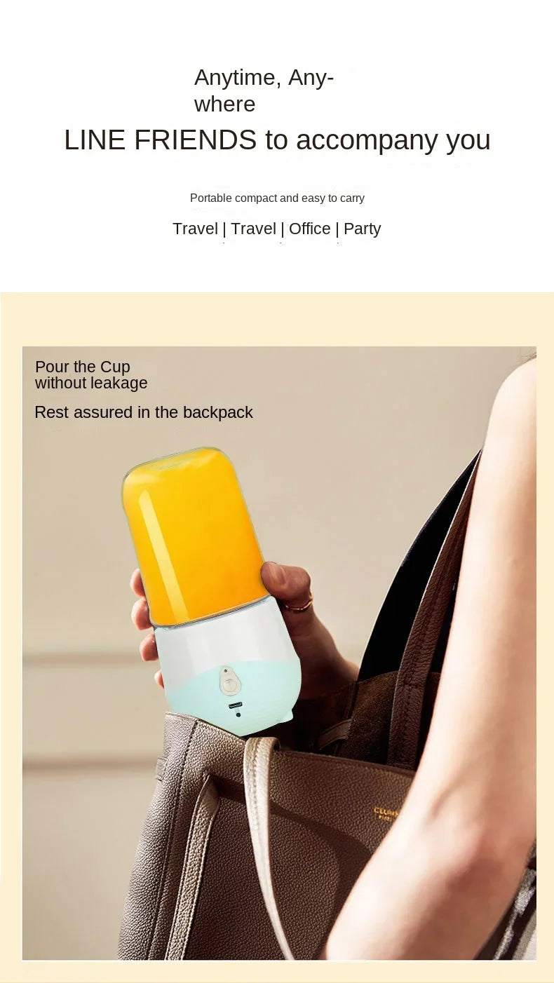 Yellow and white cup with handle held by a person, placed inside a brown bag.