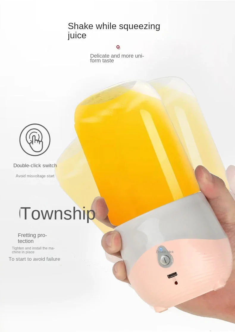 Hand holding a transparent container with yellow liquid, labeled 'Township', on a white background.