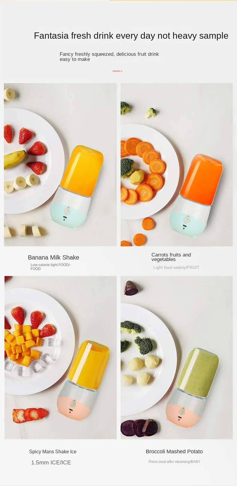 Product display of a smoothie maker with various fruits and vegetables on a white background