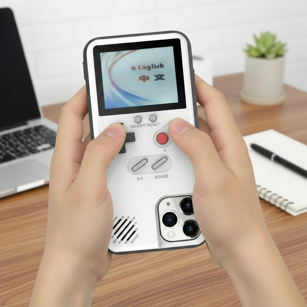 retro gameboy Phone case designed like a classic handheld gaming console with a screen and control buttons on a white background.