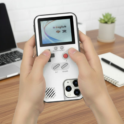 retro gameboy Phone case designed like a classic handheld gaming console with a screen and control buttons on a white background.