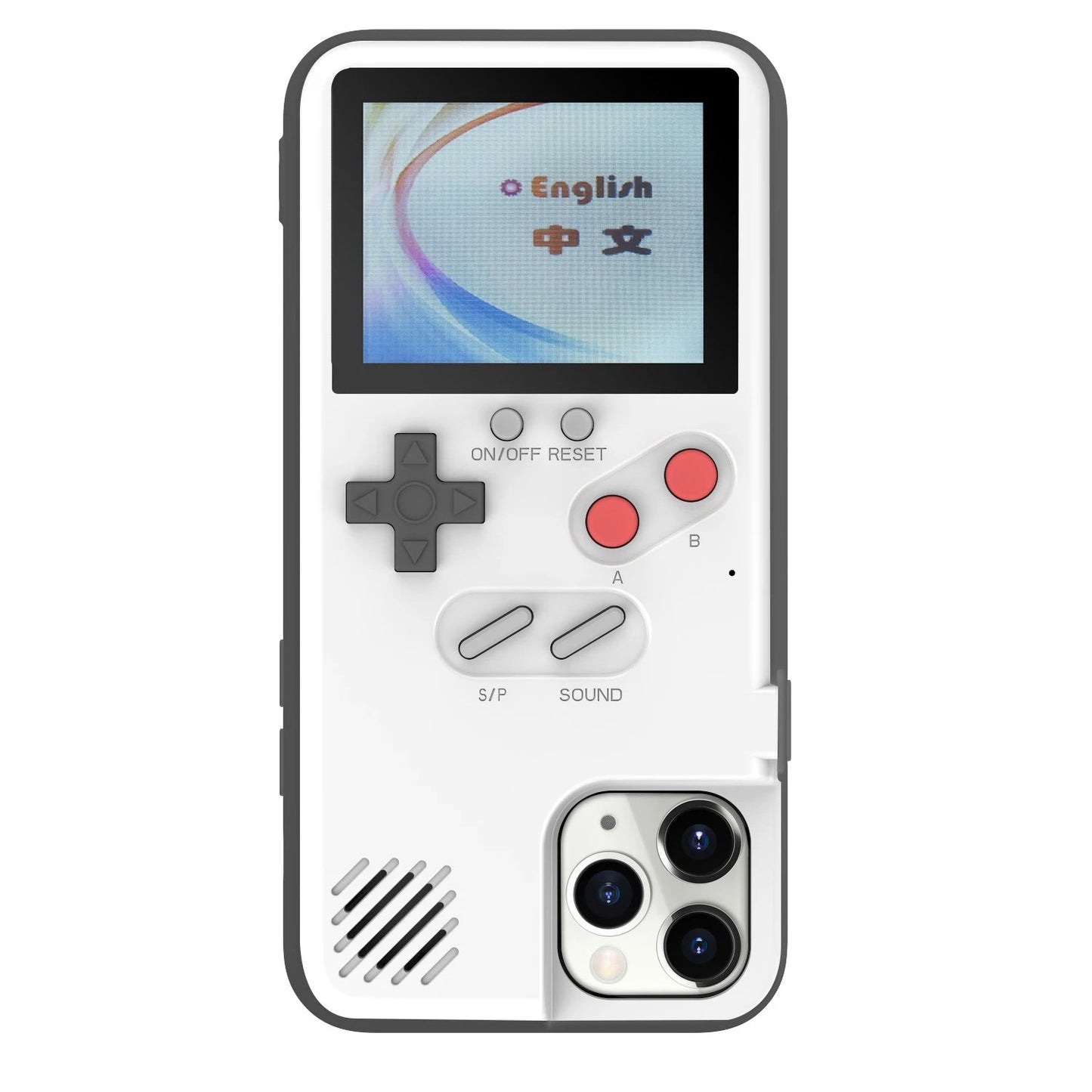 gameboy Phone case designed like a classic handheld gaming console with a screen and control buttons on a white background.