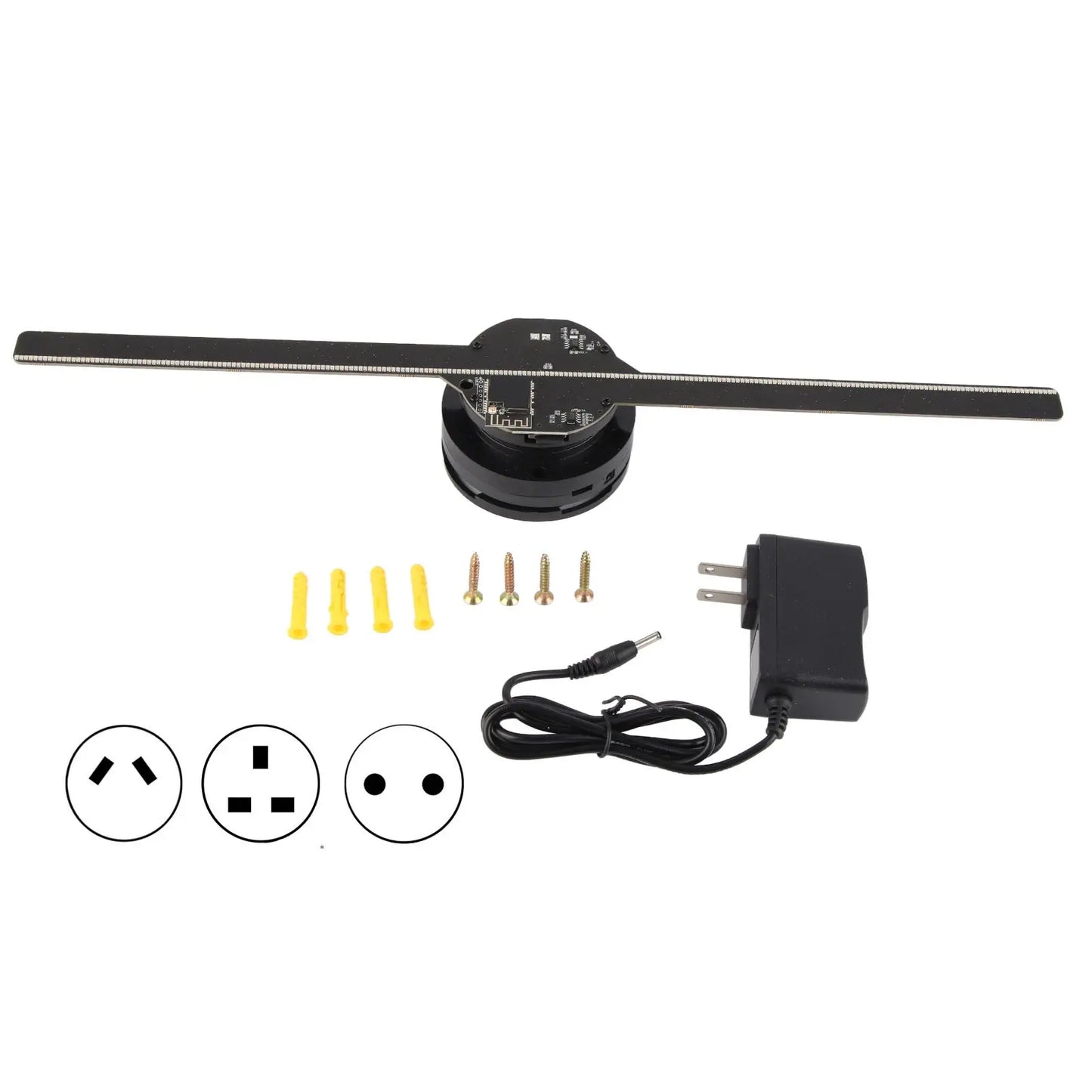 Electrical components including a long black bar, screws, connectors, and a power adapter on a white background.