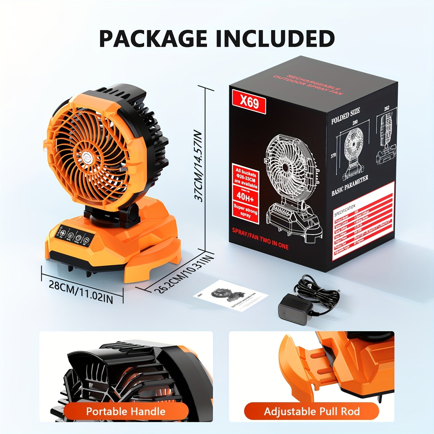 Portable fan with packaging, handle, and pull rod features on a white background