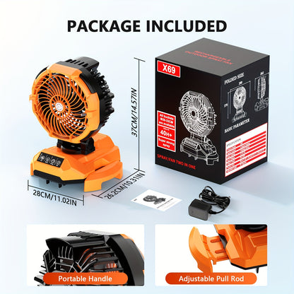 Portable fan with packaging, handle, and pull rod features on a white background