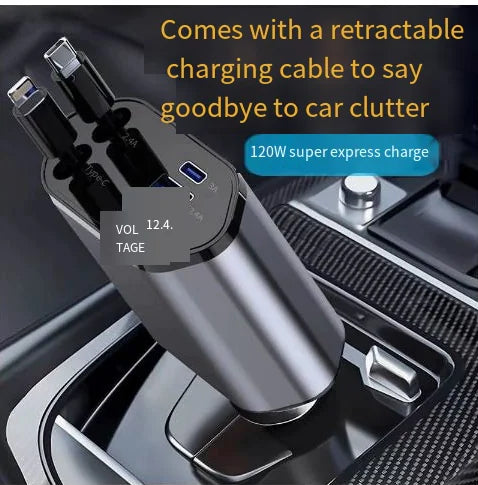 australian Car charger with retractable cable in a car's USB port, highlighting features like 120W super express charge.