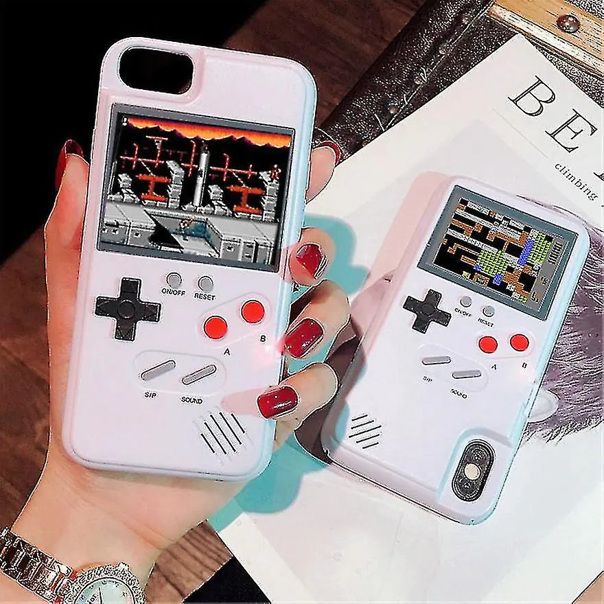 gameboy Phone cases designed like classic game controllers held by a person.